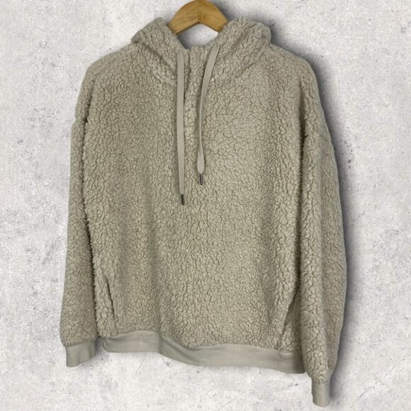 Nordstrom Zella Sherpa Fleece‎ Pullover Hoodie Size XL Beige Cream Sweater Hood - Picture 3 of 11
